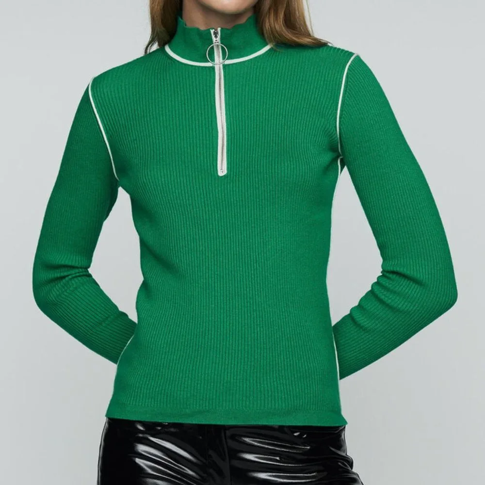 Maje | Emerald Green Ribbed Knit Sweater with Trucker Collar - XS